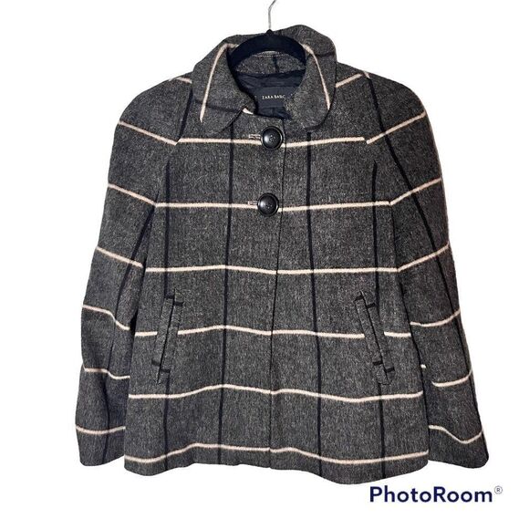 Zara Basic Wool Blend Plaid Pea Coat Size XS - Picture 1 of 11